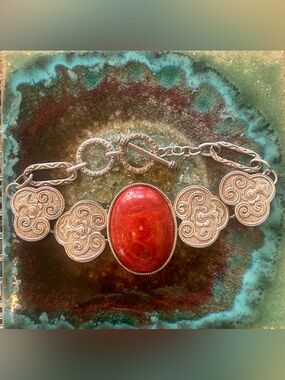 Vintage Sterling Carnelian Filigree Link Bracelet